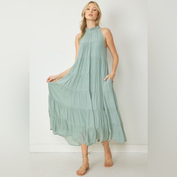 Entro Light Green Sleeveless Tiered High Neck Dress S - Picture 9 of 9